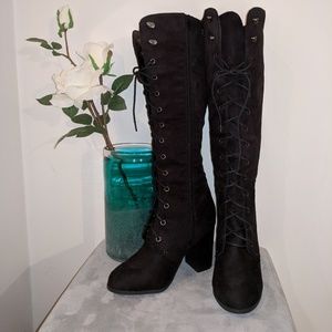 Knee High Lace Up Black Boots